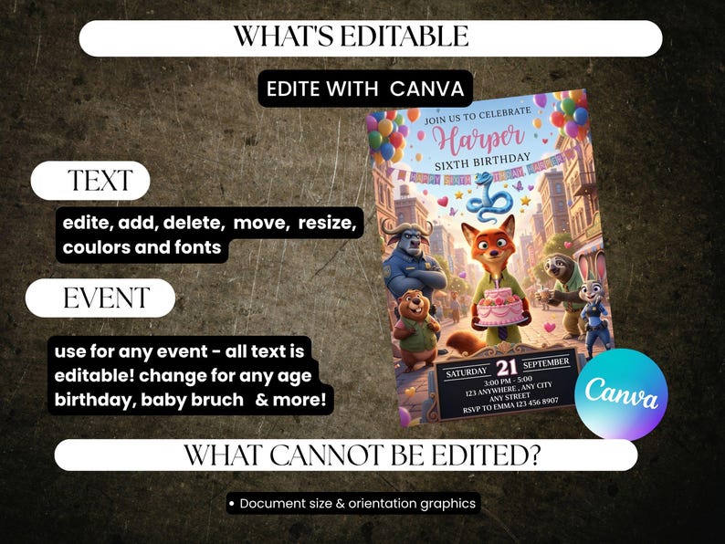 May include: A colorful birthday invitation featuring characters from a popular animated movie. The invitation includes the text "Join us to celebrate Harper Sixth Birthday" and event details. The design is editable with Canva.