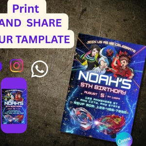 May include: A birthday party invitation with the text "NOAH'S 5TH BIRTHDAY" and the date. The invitation features cartoon characters and a colorful design. A matching phone screen displays the same design. The words "Print AND SHARE YOUR TAMPLATE" are at the top.