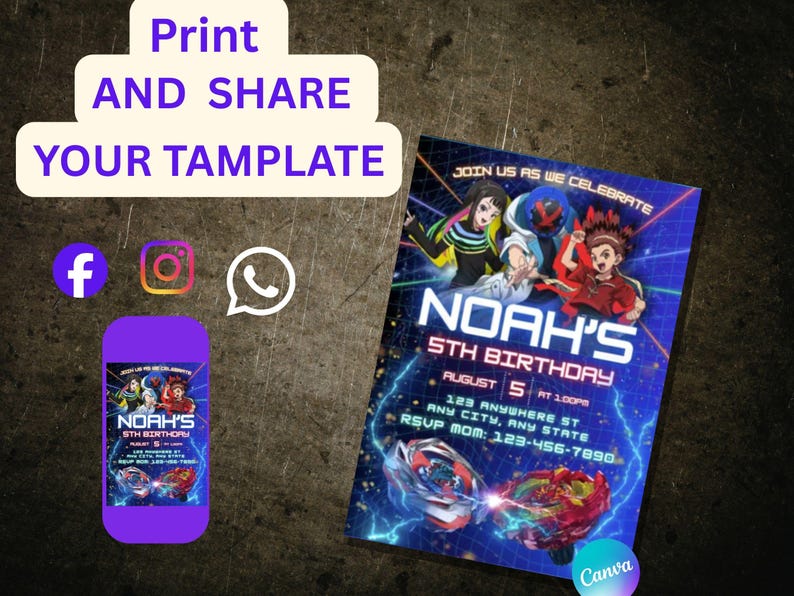 May include: A birthday party invitation with the text "NOAH'S 5TH BIRTHDAY" and the date. The invitation features cartoon characters and a colorful design. A matching phone screen displays the same design. The words "Print AND SHARE YOUR TAMPLATE" are at the top.