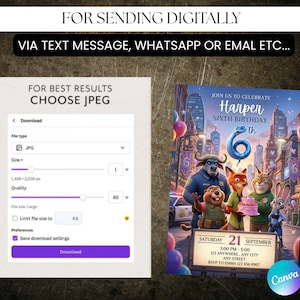 Op de afbeelding: Digitaal uitnodigingsontwerp met de tekst "FOR SENDING DIGITALLY" en "VIA TEXT MESSAGE, WHATSAPP OR EMAL ETC...". De uitnodiging toont een cartoon stadsgezicht en personages, met de tekst "JOIN US TO CELEBRATE Harper SIXTH BIRTHDAY".