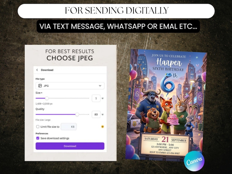 Op de afbeelding: Digitaal uitnodigingsontwerp met de tekst "FOR SENDING DIGITALLY" en "VIA TEXT MESSAGE, WHATSAPP OR EMAL ETC...". De uitnodiging toont een cartoon stadsgezicht en personages, met de tekst "JOIN US TO CELEBRATE Harper SIXTH BIRTHDAY".
