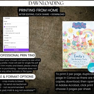 May include: A colorful birthday party invitation featuring Peppa Pig characters, balloons, and a rainbow. The invitation includes the text "Emily's 3rd Birthday Party" and instructions for printing.