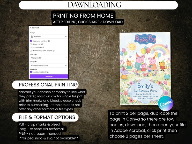 May include: A colorful birthday party invitation featuring Peppa Pig characters, balloons, and a rainbow. The invitation includes the text "Emily's 3rd Birthday Party" and instructions for printing.