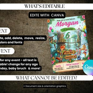 May include: A vibrant birthday invitation design with the text "Morgan is turning 6". The invitation features cartoon animals, a forest background, and the Canva logo. Text indicates the invitation is editable.