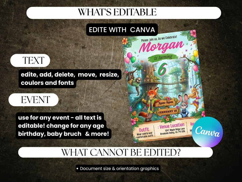 May include: A vibrant birthday invitation design with the text "Morgan is turning 6". The invitation features cartoon animals, a forest background, and the Canva logo. Text indicates the invitation is editable.