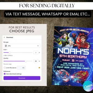 May include: Digital invitation design for a birthday party. The invitation features a colorful graphic with the text "NOAH'S 5TH BIRTHDAY" and contact information. Instructions are provided to download the invitation as a JPEG file.