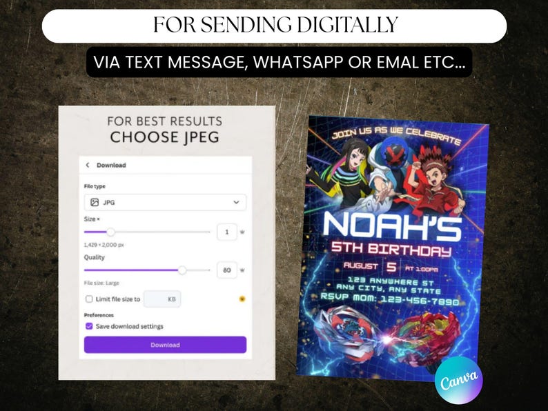 May include: Digital invitation design for a birthday party. The invitation features a colorful graphic with the text "NOAH'S 5TH BIRTHDAY" and contact information. Instructions are provided to download the invitation as a JPEG file.