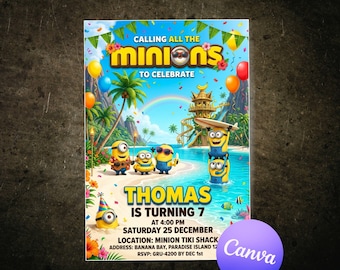 Minions Beach verjaardagsuitnodiging bewerkbare canvassjabloon, tropische cartoon feestuitnodiging, afdrukbare digitale download