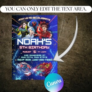 May include: A birthday party invitation with a blue background and the text "NOAH'S 5TH BIRTHDAY". The invitation includes the date, time, and location. The invitation also features cartoon characters and two spinning tops.