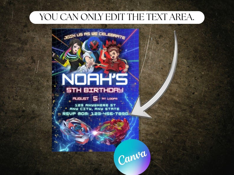 May include: A birthday party invitation with a blue background and the text "NOAH'S 5TH BIRTHDAY". The invitation includes the date, time, and location. The invitation also features cartoon characters and two spinning tops.