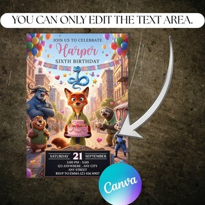 May include: A colorful birthday invitation featuring characters from a popular animated movie. The invitation includes the text "Join us to celebrate Harper Sixth Birthday" and event details. The design incorporates balloons, a cityscape, and a cake.