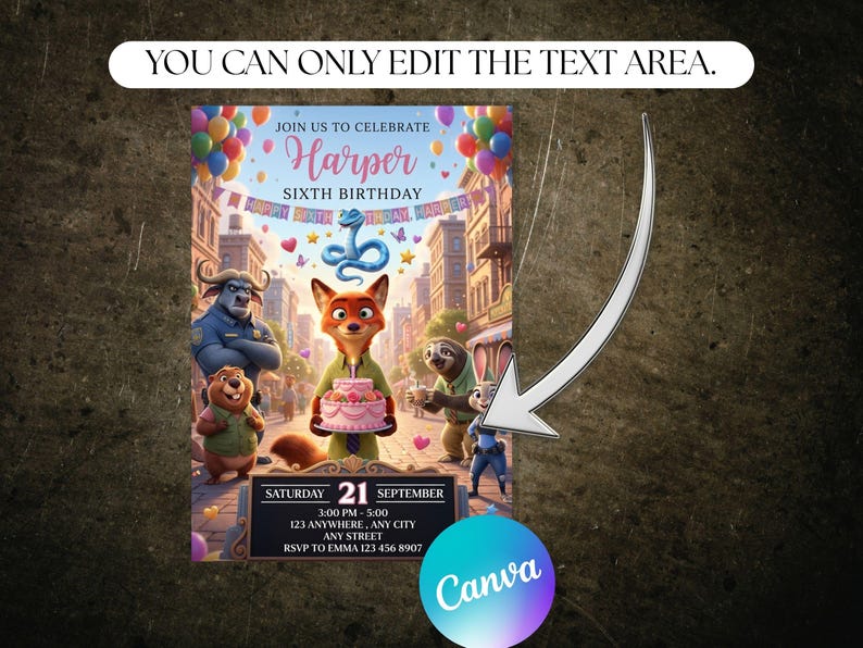 May include: A colorful birthday invitation featuring characters from a popular animated movie. The invitation includes the text "Join us to celebrate Harper Sixth Birthday" and event details. The design incorporates balloons, a cityscape, and a cake.