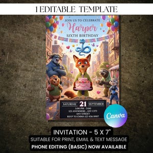 May include: A colorful invitation template featuring characters from a popular animated movie. The invitation is for a sixth birthday party, with the name "Harper" displayed prominently. The design includes a cityscape background and event details.