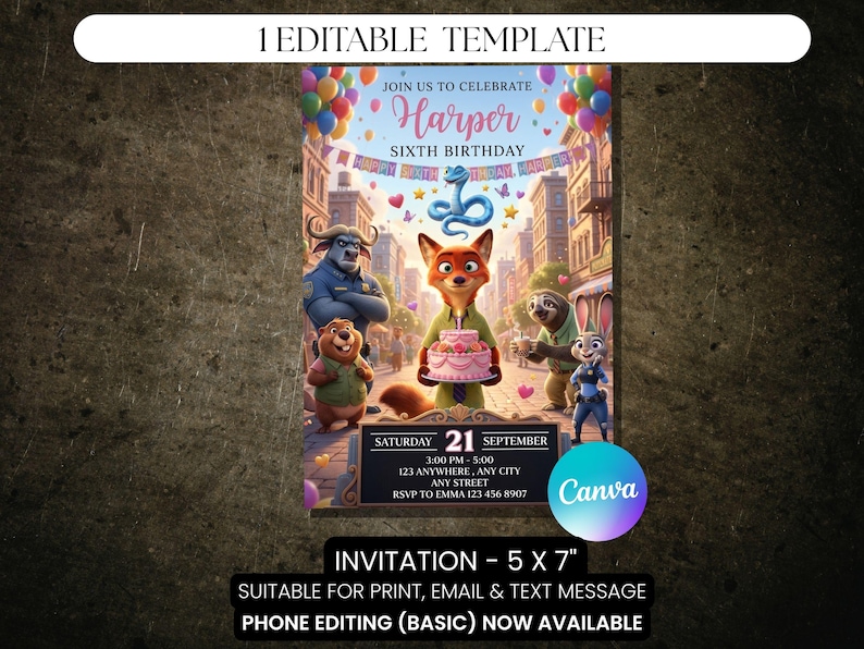 May include: A colorful invitation template featuring characters from a popular animated movie. The invitation is for a sixth birthday party, with the name "Harper" displayed prominently. The design includes a cityscape background and event details.