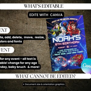 May include: A blue birthday invitation with the text "Noah's 5th Birthday" and event details. The design includes cartoon characters and lightning bolts. The invitation is editable with Canva.