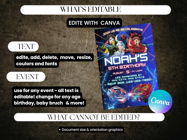 May include: A blue birthday invitation with the text "Noah's 5th Birthday" and event details. The design includes cartoon characters and lightning bolts. The invitation is editable with Canva.