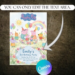 May include: A colorful invitation for Emily's 3rd birthday party, featuring Peppa Pig characters. The design includes a rainbow, balloons, and flowers, with the party details: Saturday, Sep. 23, at 1 pm, and the address.