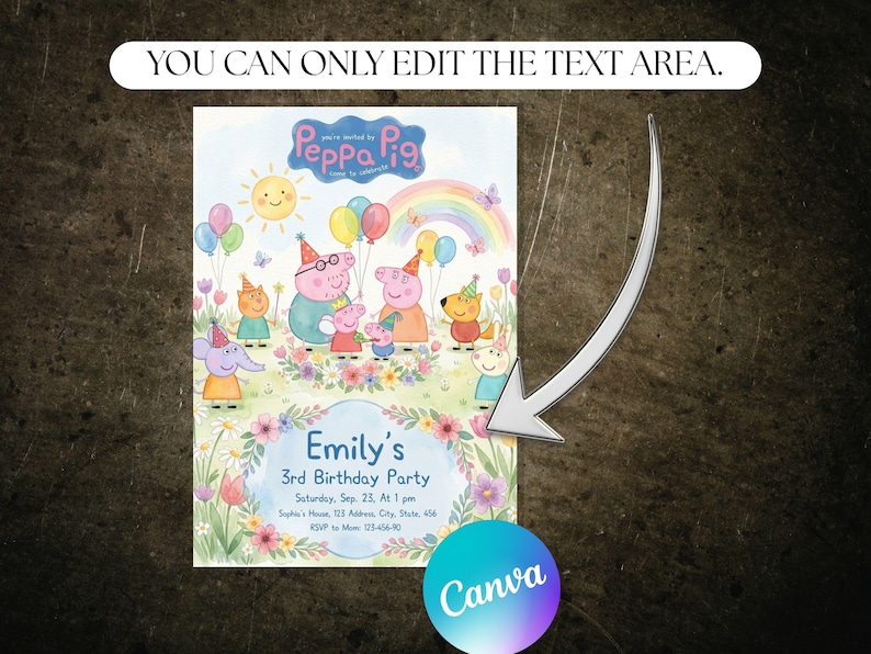 May include: A colorful invitation for Emily's 3rd birthday party, featuring Peppa Pig characters. The design includes a rainbow, balloons, and flowers, with the party details: Saturday, Sep. 23, at 1 pm, and the address.