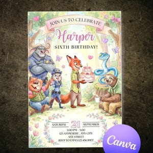 May include: A watercolor birthday invitation featuring characters from a popular animated movie. The invitation includes the text "Join us to Celebrate Harper Sixth Birthday!" and event details. The design incorporates a forest theme with butterflies and floral elements.
