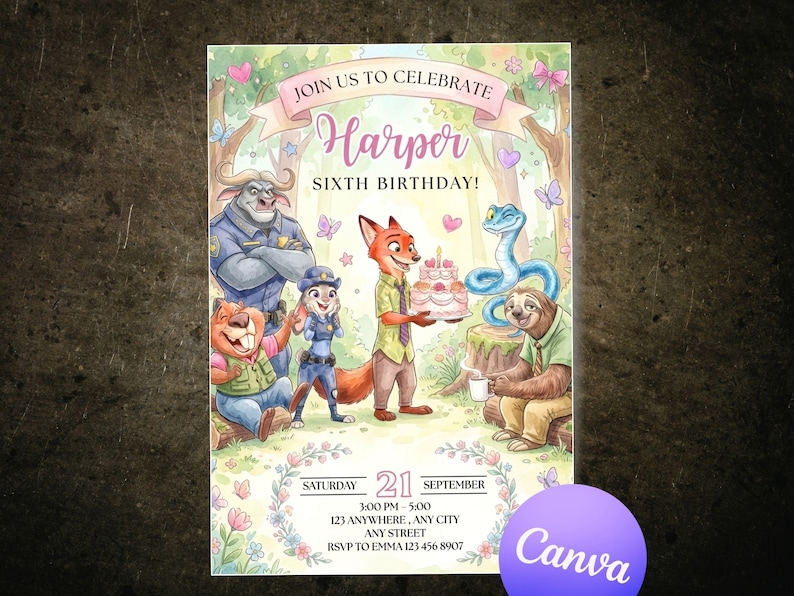 May include: A watercolor birthday invitation featuring characters from a popular animated movie. The invitation includes the text "Join us to Celebrate Harper Sixth Birthday!" and event details. The design incorporates a forest theme with butterflies and floral elements.