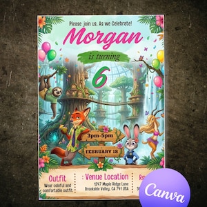 May include: A vibrant birthday party invitation featuring the text "Morgan is turning 6". The design includes cartoon characters, a forest backdrop, balloons, and the party's date and time.