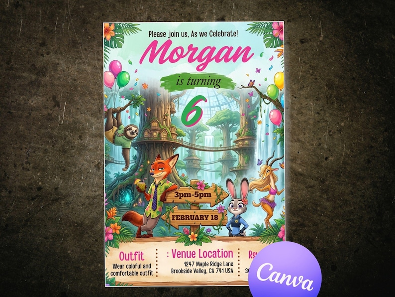 May include: A vibrant birthday party invitation featuring the text "Morgan is turning 6". The design includes cartoon characters, a forest backdrop, balloons, and the party's date and time.
