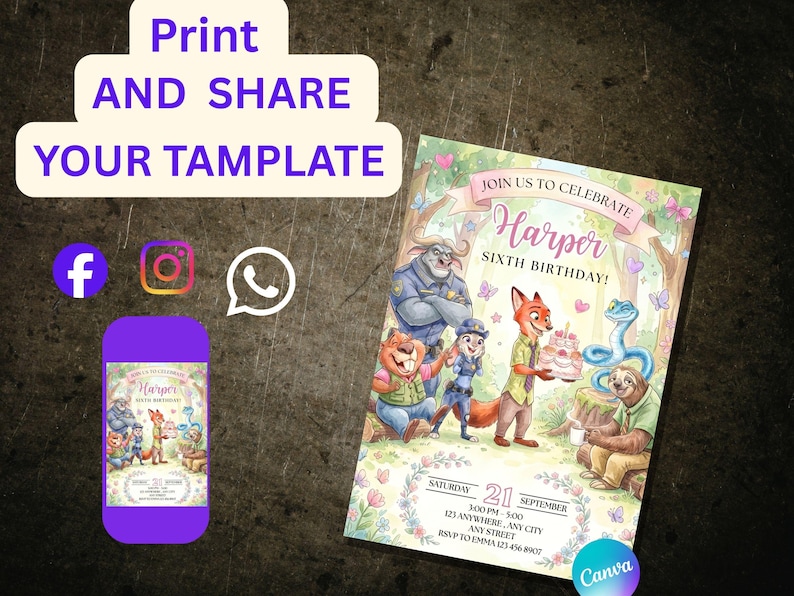 May include: A birthday party invitation with the text "Join us to celebrate Harper Sixth Birthday!" featuring cartoon animal characters. The invitation includes date, time, and location details. The image also includes social media icons and the text "Print AND SHARE YOUR TAMPLATE."