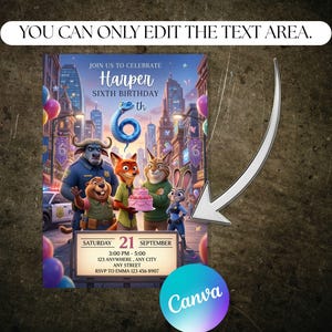 Op de afbeelding: Een kleurrijke verjaardagsuitnodiging met stripfiguren. De uitnodiging bevat de tekst "Join us to celebrate Harper Sixth Birthday" en evenementdetails. De achtergrond toont een stadsgezicht met ballonnen en een blauw nummer 6.