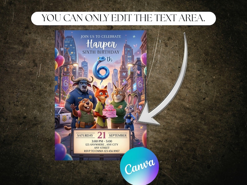 Op de afbeelding: Een kleurrijke verjaardagsuitnodiging met stripfiguren. De uitnodiging bevat de tekst "Join us to celebrate Harper Sixth Birthday" en evenementdetails. De achtergrond toont een stadsgezicht met ballonnen en een blauw nummer 6.