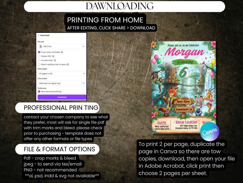 May include: A vibrant party invitation with a jungle theme, featuring cartoon animals and the text "Morgan is turning 6." Instructions for printing and file format options are included. The invitation is designed with a colourful and playful aesthetic.