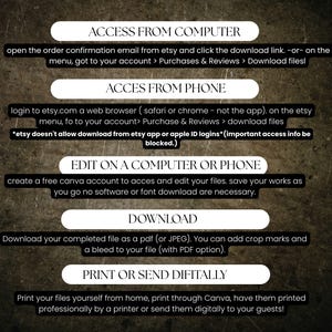 May include: A dark, textured background with white and black text instructions. The text provides guidance on accessing, editing, and downloading files from Etsy, including computer and phone access, and printing options.