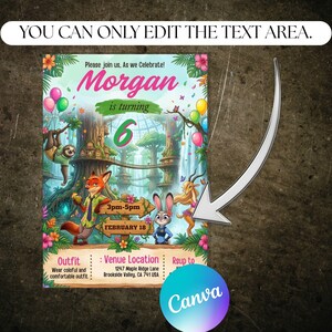 May include: A birthday party invitation with a jungle theme, featuring cartoon characters and the text "Morgan is turning 6." The invitation includes event details such as the date, time, and venue location. The design has vibrant colors and floral accents.