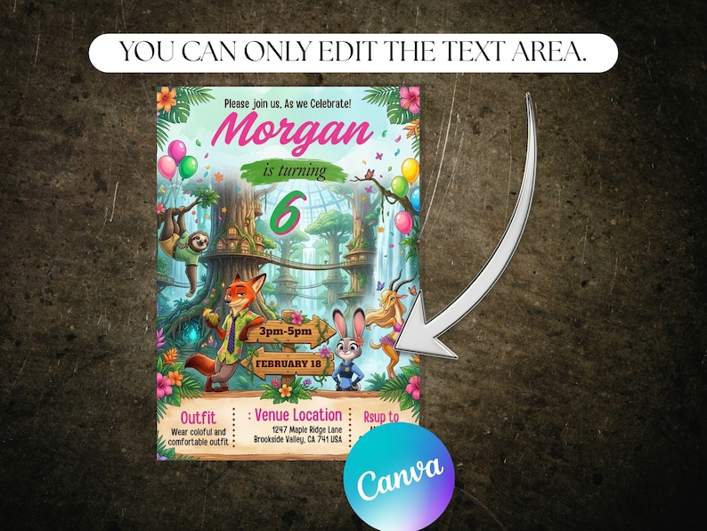 May include: A birthday party invitation with a jungle theme, featuring cartoon characters and the text "Morgan is turning 6." The invitation includes event details such as the date, time, and venue location. The design has vibrant colors and floral accents.