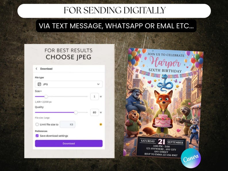 May include: Digital invitation for Harper's sixth birthday, featuring cartoon characters and city backdrop. The invitation includes date, time, location, and RSVP details. Instructions advise choosing JPEG format for digital sending.
