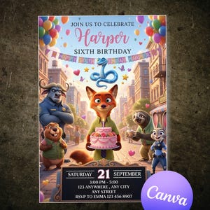 May include: A colorful birthday invitation featuring characters from a popular animated movie. The invitation includes the text "Join us to Celebrate Harper Sixth Birthday". The date is September 21st, with the time and location details below. The Canva logo is in the bottom right corner.