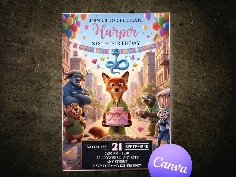 May include: A colorful birthday invitation featuring characters from a popular animated movie. The invitation includes the text "Join us to Celebrate Harper Sixth Birthday". The date is September 21st, with the time and location details below. The Canva logo is in the bottom right corner.