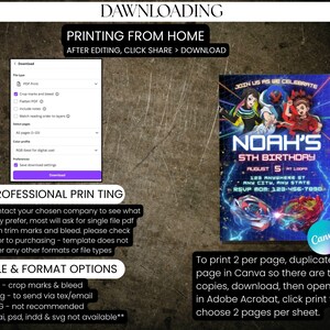 May include: A digital invitation template for a 5th birthday party, featuring a vibrant design with characters and the name "Noah." Instructions for printing and file format options are included. The invitation is designed in Canva.
