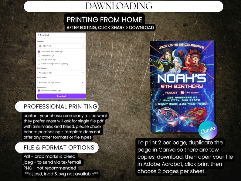 May include: A digital invitation template for a 5th birthday party, featuring a vibrant design with characters and the name "Noah." Instructions for printing and file format options are included. The invitation is designed in Canva.