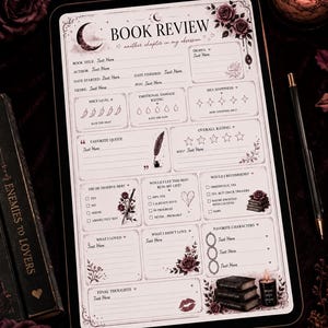May include: A digital book review template with a dark aesthetic. The template includes sections for book title, author, and ratings. Decorative elements include roses, a crescent moon, and the text "Book Review".