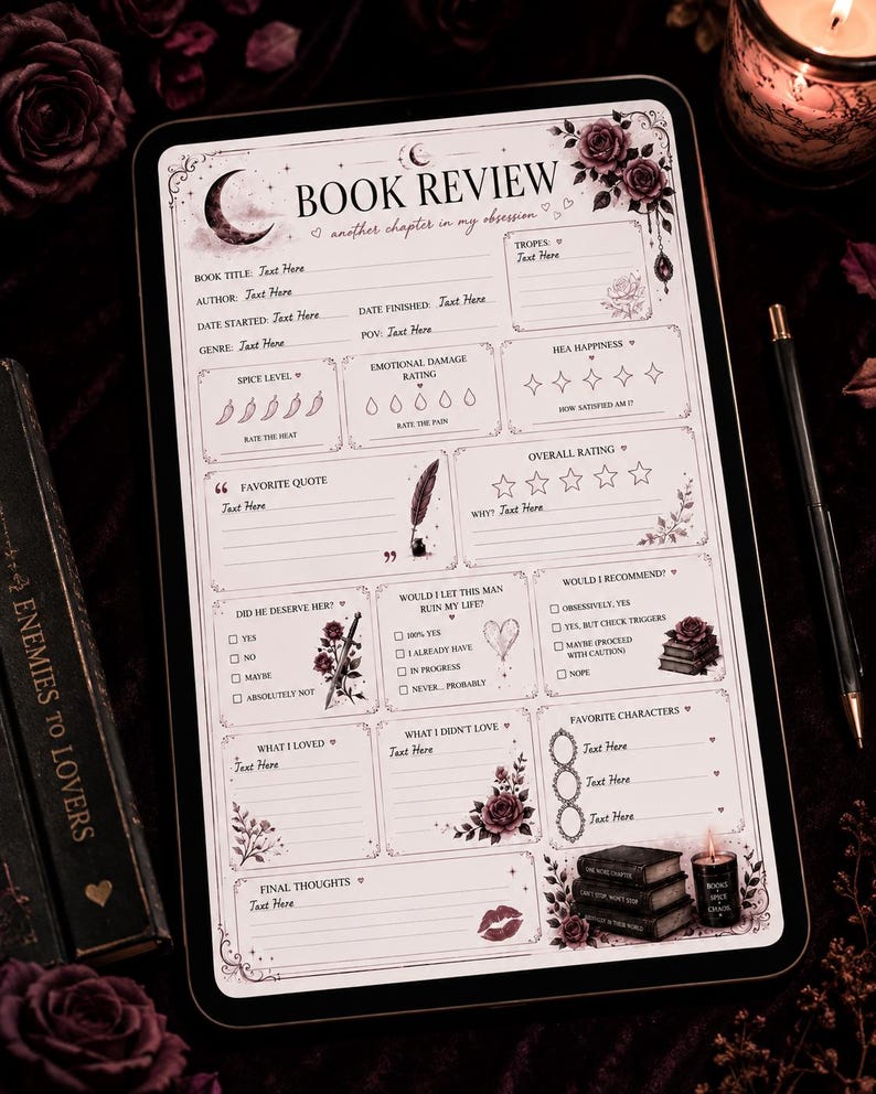 May include: A digital book review template with a dark aesthetic. The template includes sections for book title, author, and ratings. Decorative elements include roses, a crescent moon, and the text "Book Review".