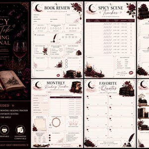 May include: A digital reading journal with a dark aesthetic, featuring pages for book reviews, spicy scene tracking, and favourite quotes. The journal includes a cover page and a TBR shelf. The design incorporates roses and a crescent moon.