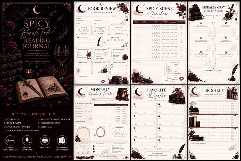 May include: A digital reading journal with a dark aesthetic, featuring pages for book reviews, spicy scene tracking, and favourite quotes. The journal includes a cover page and a TBR shelf. The design incorporates roses and a crescent moon.