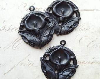 3 pcs, flower, lily, pendant, charm, vintaj, arte metal, blackened steel, hollow back, paintable, diy jewelry, #AP0009