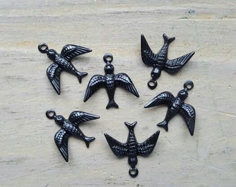 6pcs, bird, charm, metal, embellishment, paintable, DIY jewelry, craft, blackened steel, vintaj, ADP0014