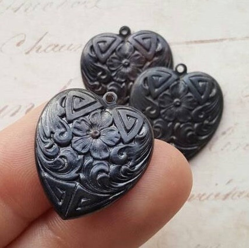 3pcs, heart, forget-me-not, flower, floral, ornate, charm, pendant, earring component, paintable, blackened steel, vintaj, ADP0017 image 2