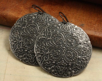 Boho Artisan Earrings, Blackened Steel, Embossed, Metal, Medallion, EAR001