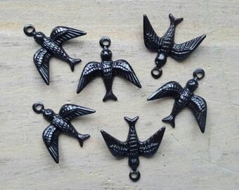 6pcs, bird, charm, metal, embellishment, paintable, DIY jewelry, craft, blackened steel, vintaj, ADP0014