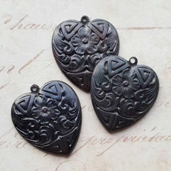 3pcs, heart, forget-me-not, flower, floral, ornate, charm, pendant, earring component, paintable, blackened steel, vintaj, #ADP0017