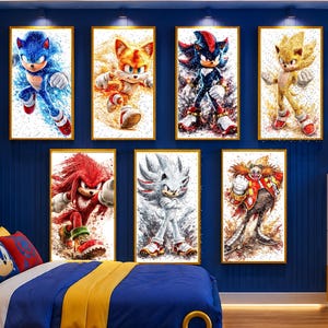 May include: A set of seven rectangular wall art prints featuring Sonic the Hedgehog characters including Sonic, Tails, Shadow, Super Sonic, Knuckles, Silver, and Dr. Eggman, each depicted in a dynamic, watercolor-style action pose with vibrant colors.