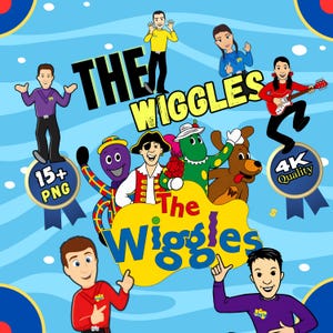 May include: A digital illustration featuring the characters from The Wiggles children's entertainment group. The image includes the group's name in large, bold letters, and several characters in colorful outfits. A blue background with white dots completes the design.